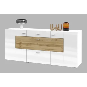 Komoda Široká kombinovaná komoda NIKOL - bílá / lesklá bílá / dub wotan