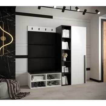 Předsíňová stěna Předsíňová sestava s čalouněnými panely HARRISON - bílá, černé panely z ekokůže