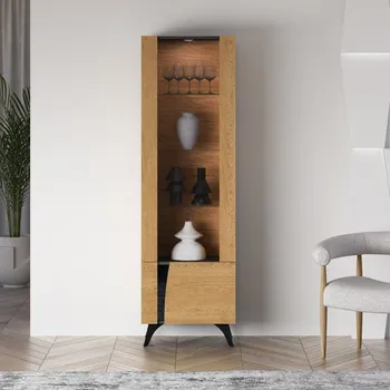 Policová skříň Prosklená vitrína ANNIKA - pravá, dub baltic dune / jasan portland černý