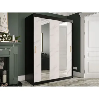 Šatní skříň Šatní skříň 150 cm se zrcadlem CARSON 4 - bílý mramor / černá / zlatá