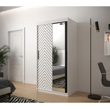 Šatní skříň Skříň s grafikou a zrcadlem JANETTE 3 - šířka 100 cm, bílá