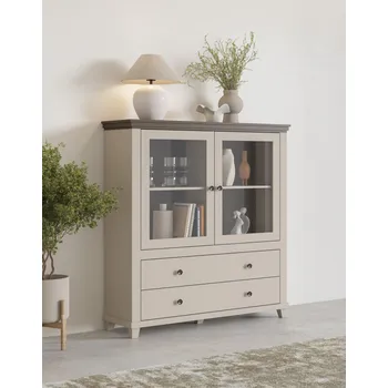 Komoda Vysoká komoda s prosklenými dvířky EROL - béžová / dub dunin