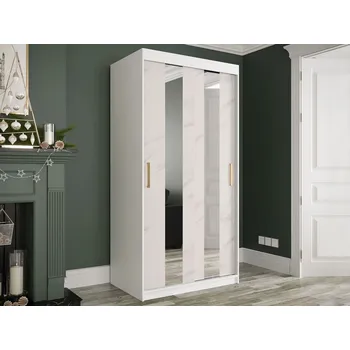 Šatní skříň Úzká šatní skříň 100 cm se zrcadlem CARSON 1 - bílý mramor / bílá / zlatá