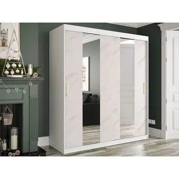 Šatní skříň Šatní skříň 180 cm se zrcadlem CARSON 4 - bílý mramor / bílá / zlatá