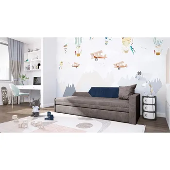 Pohovka Rozkládací pohovka s úložným prostorem BUFFY - šedá / tmavě modrá, pravá opěrka