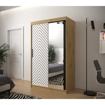 Šatní skříň Skříň s grafikou a zrcadlem JANETTE 3 - šířka 120 cm, dub artisan / bílá
