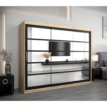 Šatní skříň Skříň s posuvnými dveřmi LEONA - šířka 250 cm, dub sonoma / černá
