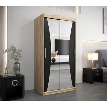 Šatní skříň Šatní skříň se zrcadly SYLVIE - šířka 100 cm, dub sonoma / černá