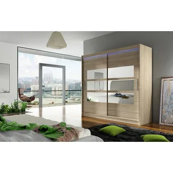 Šatní skříň Šatní skříň 180 cm se zrcadlem a LED osvětlením FLORENCIO 3 - dub sonoma