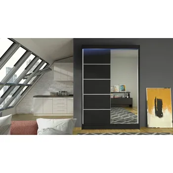 Šatní skříň Posuvná šatní skříň 120 cm se zrcadlem a LED RGB osvětlením SAMANRE 3 - černá