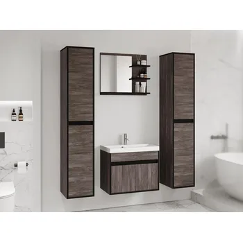 Koupelnový nábytek Koupelnová sestava se zrcadlem DENISON XL - modřín bodega / černý grafit + baterie Economico ZDARMA