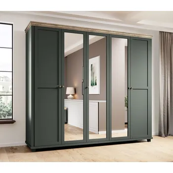 Šatní skříň Pětidveřová šatní skříň EROL - šířka 246 cm, zelená / dub lefkas