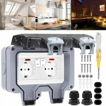 Elektrická zásuvka Dvojitá vodotěsná zásuvka šedá IP66 s uzemněním