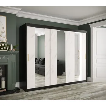 Šatní skříň Šatní skříň s posuvnými dveřmi a zrcadly MAREILLE 4 - šířka 250 cm, černá / bílý mramor