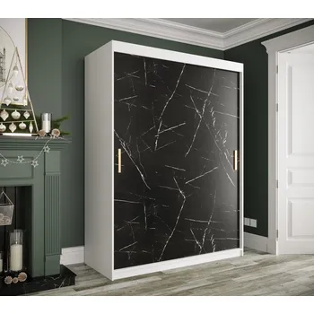 Šatní skříň Skříň s posuvnými dveřmi MAREILLE 1 - šířka 150 cm, bílá / černý mramor