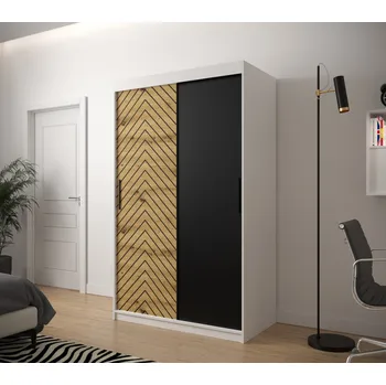 Šatní skříň Šatní skříň s grafikou JANETTE 1 - šířka 120 cm, bílá / dub artisan / černá