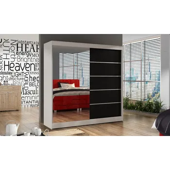 Šatní skříň Elegantní šatní skříň 200 BULAN III, bílá s černými dveřmi a zrcadlem