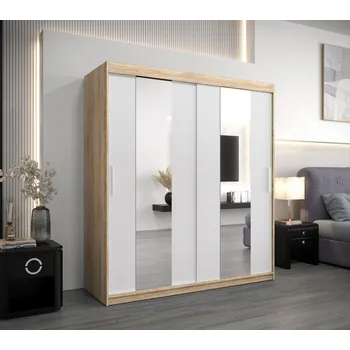 Šatní skříň Skříň s posuvnými dveřmi KARIN - šířka 180 cm, dub sonoma / bílá