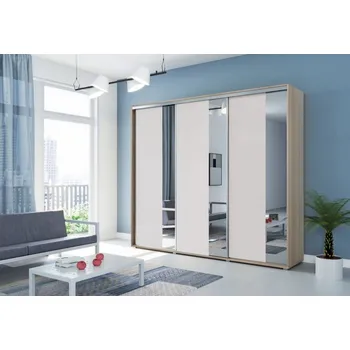 Šatní skříň Třídveřová zrcadlová šatní skříň 250 cm MARCO - dub sonoma / bílá