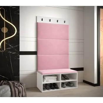 Předsíňová stěna Botník s čalouněnými panely HARRISON - bílý, růžové panely