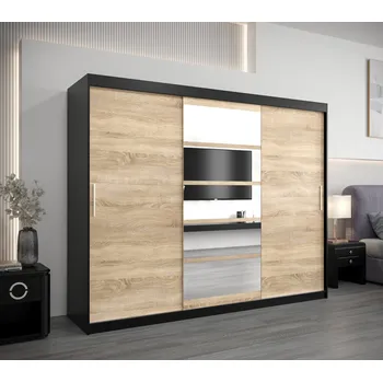 Šatní skříň Skříň s posuvnými dveřmi LILY - šířka 250 cm, černá / dub sonoma