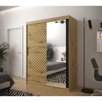 Šatní skříň Skříň s grafikou a zrcadlem JANETTE 3 - šířka 150 cm, dub artisan