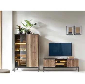 Obývací stěna Stěna do obývacího pokoje RHOME 2 - dub wotan / černá grafitová + LED osvětlení ZDARMA