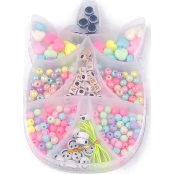 Dětské navlékací korálky Sada korálků s pruženkou v boxu mušle, jednorožec, medvídek, střední, 3 mix transparent jednorožec