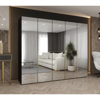 Šatní skříň Zrcadlová šatní skříň 250 cm BUGRA - černá / zlatá