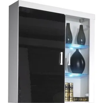Policová skříň Závěsná vitrína s LED modrým osvětlením ITABUNA - bílá / lesklá černá