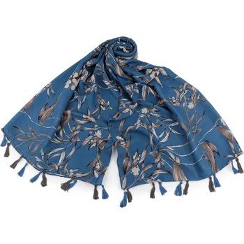 Šátek / šála / pléd s květy a střapci 80x180 cm, velké, 4 modrá