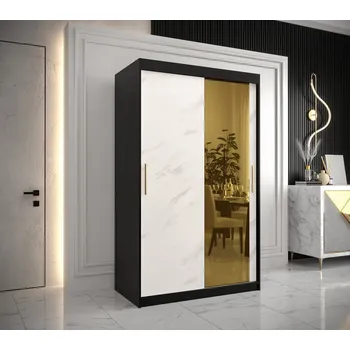 Šatní skříň Designová šatní skříň se zlatým zrcadlem MADLA 2 - šířka 120 cm, černá / bílá