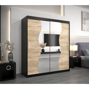 Šatní skříň Skříň s posuvnými dveřmi REGINA - šířka 180 cm, černá / dub sonoma