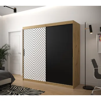 Šatní skříň Šatní skříň s grafikou JANETTE 1 - šířka 200 cm, dub artisan / bílá / černá
