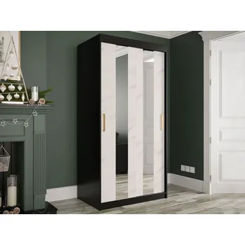 Šatní skříň Úzká šatní skříň 100 cm se zrcadlem CARSON 1 - bílý mramor / černá / zlatá