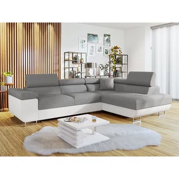 Sedací souprava Rohová rozkládací sedačka LABUS - bílá ekokůže / šedá, pravý roh