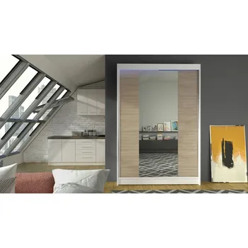 Šatní skříň Posuvná šatní skříň 120 cm se zrcadlem a LED RGB osvětlením SAMANRE 2 - bílá / dub sonoma