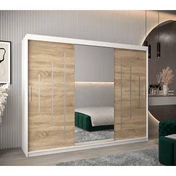 Šatní skříň Šatní skříň se zrcadlem ANNA - šířka 250 cm, bílá / dub sonoma