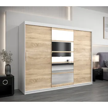 Šatní skříň Skříň s posuvnými dveřmi LILY - šířka 250 cm, bílá / dub sonoma