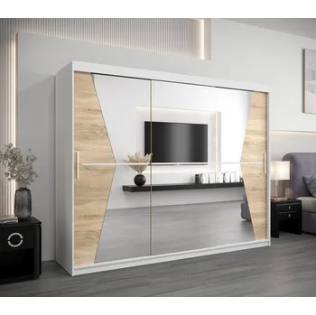 Šatní skříň Skříň s posuvnými dveřmi MILANA - šířka 250 cm, bílá / dub sonoma