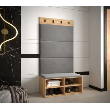 Předsíňová stěna Botník s čalouněnými panely HARRISON - dub zlatý, šedé panely