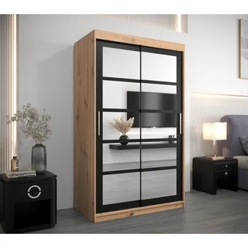 Šatní skříň Šatní skříň se zrcadly ANABEL - šířka 120 cm, dub artisan / černá