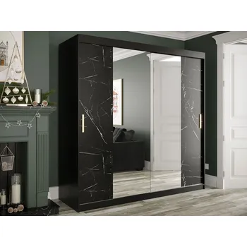 Šatní skříň Šatní skříň 200 cm se zrcadlem a šuplíky CARSON 3 - černý mramor / černá / zlatá