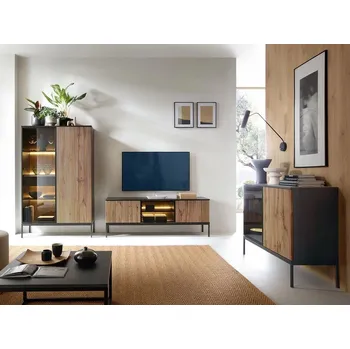 Obývací stěna Sestava do obývacího pokoje RHOME 1 - dub wotan / černá grafitová + LED osvětlení ZDARMA