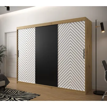 Šatní skříň Šatní skříň s grafikou JANETTE 1 - šířka 250 cm, dub artisan / bílá / černá