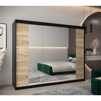 Šatní skříň Skříň se zrcadly VIVIEN - šířka 250 cm, černá / dub sonoma