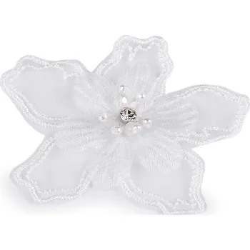 Květ s kamínkem a korálky k našití a nalepení Ø8 cm, střední, 1 bílá