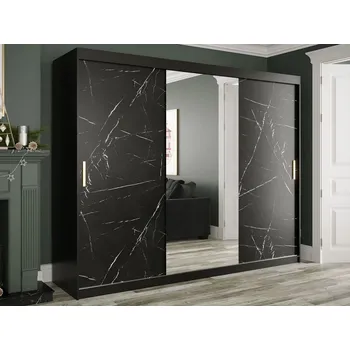 Šatní skříň Šatní skříň 250 cm se zrcadlem a šuplíky CARSON 3 - černý mramor / černá / zlatá