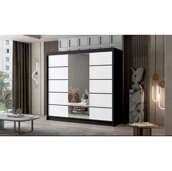 Šatní skříň Třídveřová skříň se zrcadlem NICA - šířka 200 cm, černá / bílá