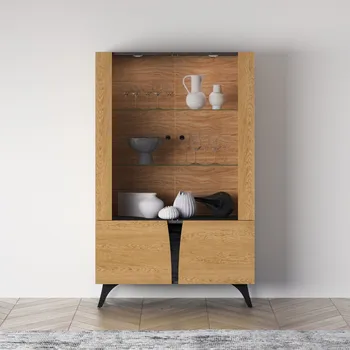 Policová skříň Vitrína se skleněnými dvířky ANNIKA - dub baltic dune / jasan portland černý